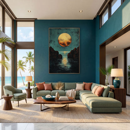 Teal Sky Amber Moon Moody wall art in a bright coastal-style room – large golden full moon over a teal sky, with dark
