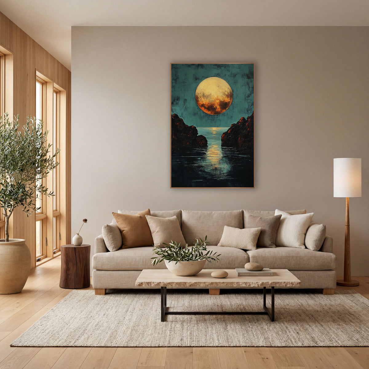 Teal Sky Amber Moon Moody wall art in a bright coastal-style room – large golden full moon over a teal sky, with dark