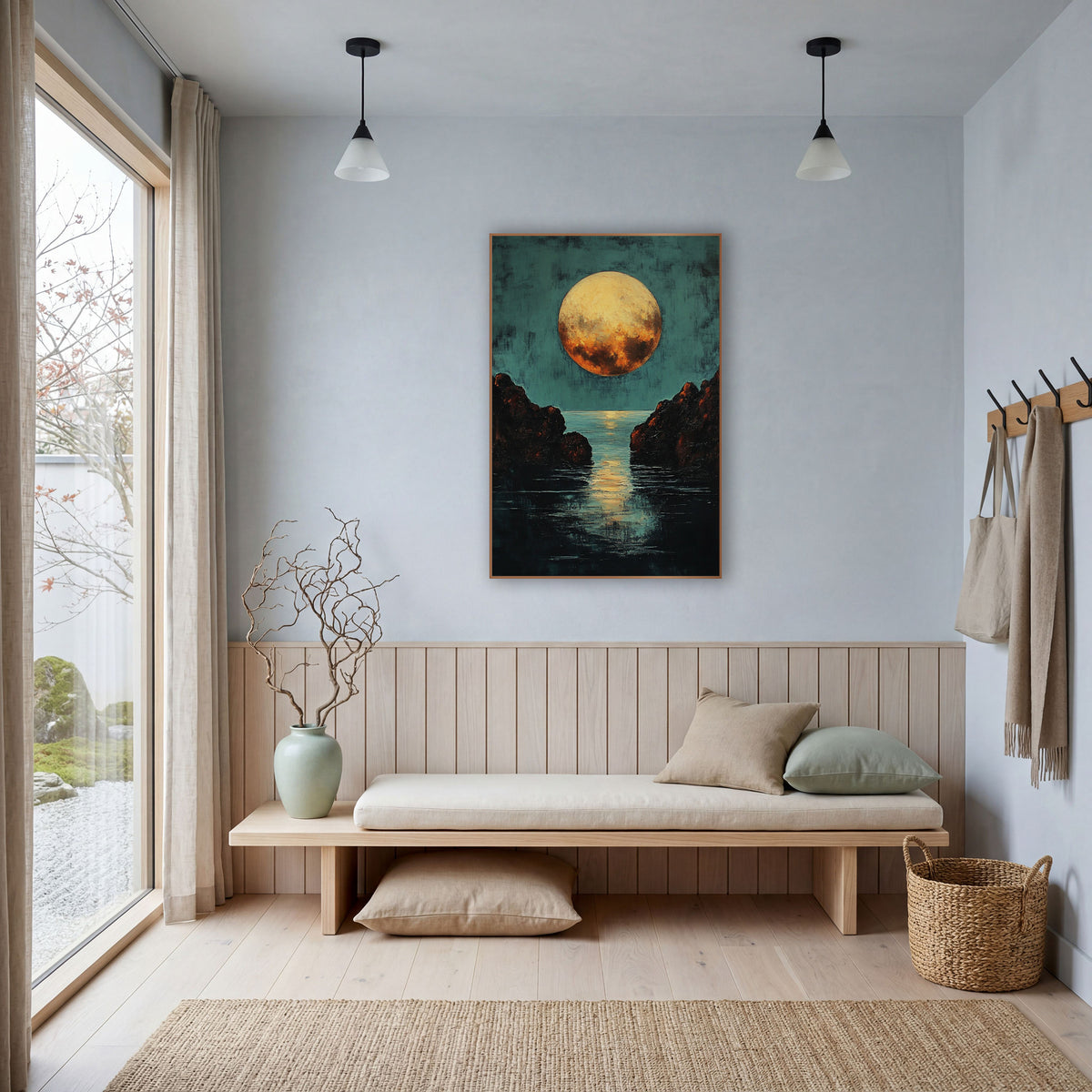 Teal Sky Amber Moon Moody wall art in a bright coastal-style room – large golden full moon over a teal sky, with dark