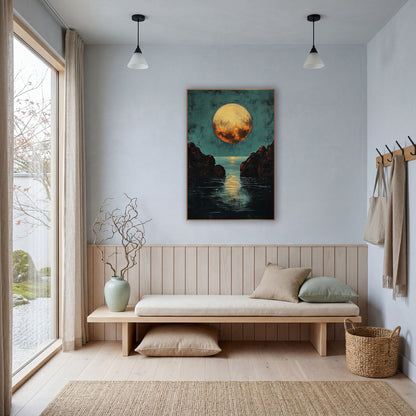 Teal Sky Amber Moon Moody wall art in a bright coastal-style room – large golden full moon over a teal sky, with dark
