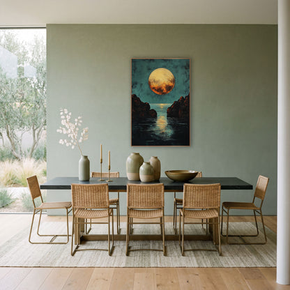 Teal Sky Amber Moon Moody wall art in a bright coastal-style room – large golden full moon over a teal sky, with dark