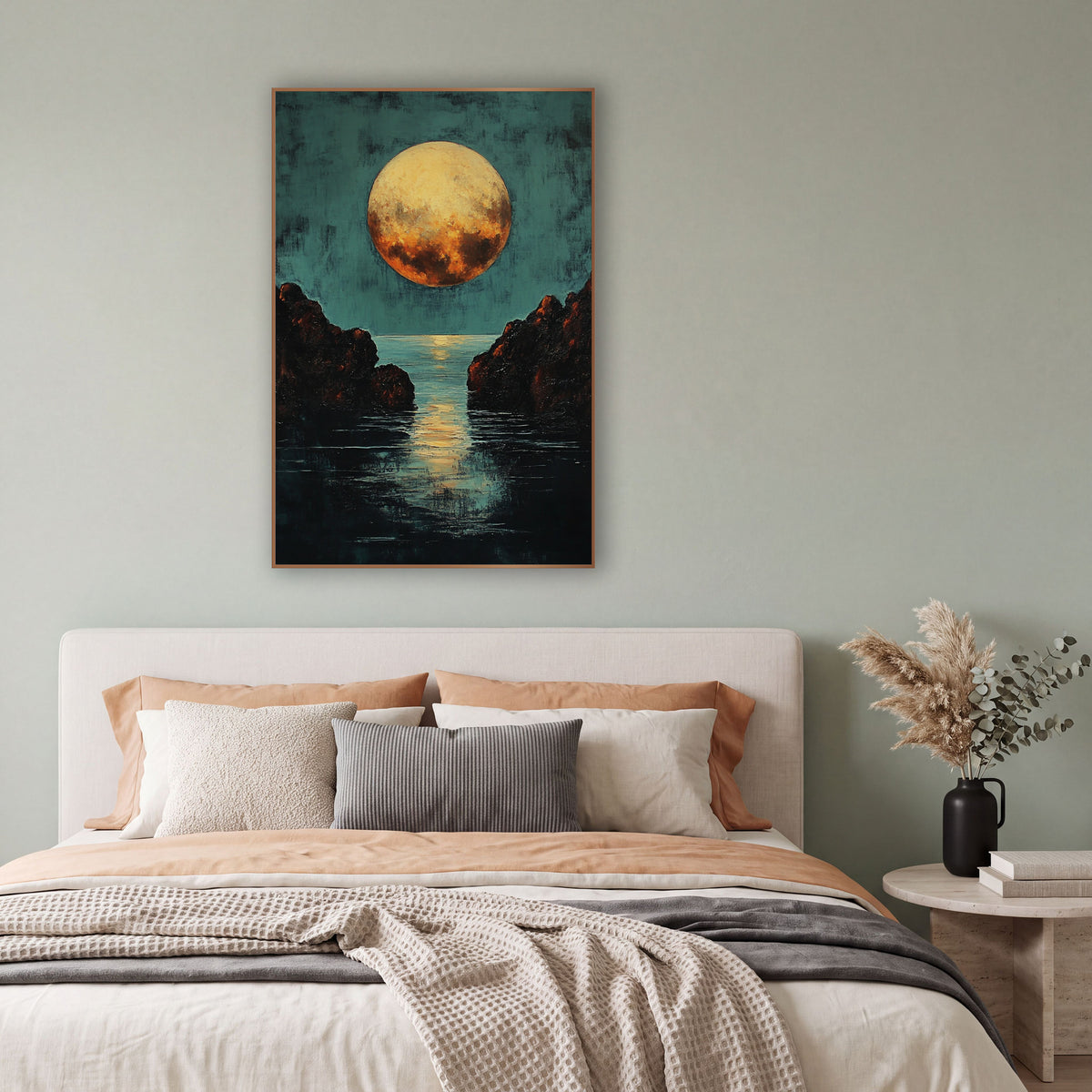 Teal Sky Amber Moon Moody wall art in a bright coastal-style room – large golden full moon over a teal sky, with dark