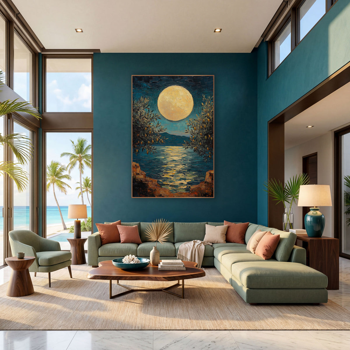 Full Moon Olive Trees Coastal wall art in a bright coastal-style room – large pale gold full moon over a calm teal