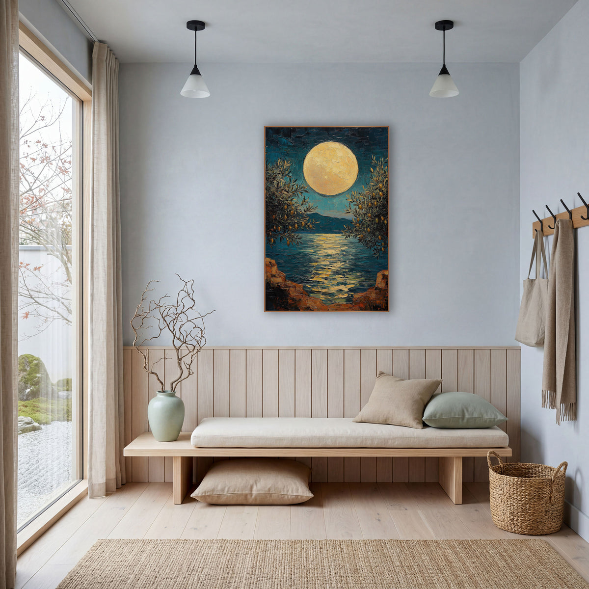 Full Moon Olive Trees Coastal wall art in a bright coastal-style room – large pale gold full moon over a calm teal