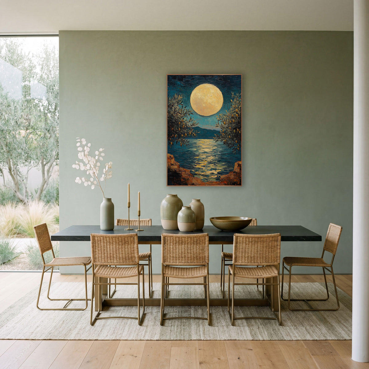 Full Moon Olive Trees Coastal wall art in a bright coastal-style room – large pale gold full moon over a calm teal