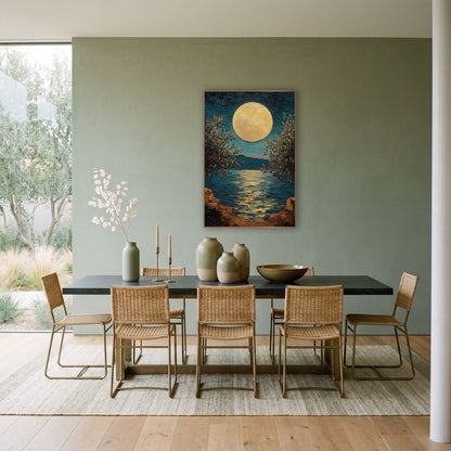 Full Moon Olive Trees Coastal wall art in a bright coastal-style room – large pale gold full moon over a calm teal