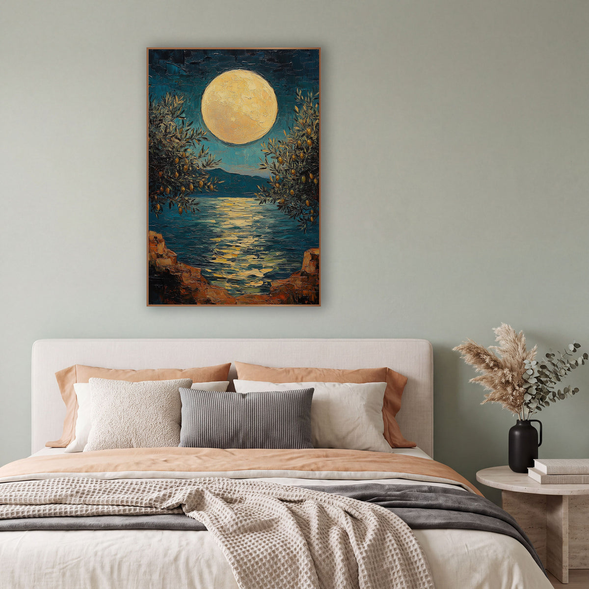 Full Moon Olive Trees Coastal wall art in a bright coastal-style room – large pale gold full moon over a calm teal