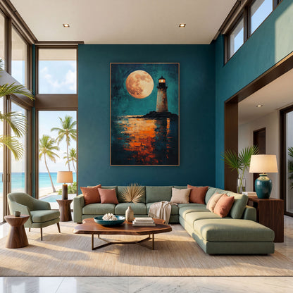 Copper Moon Tower Moody wall art in a bright coastal-style room – lighthouse with a glowing lantern on dark rocks