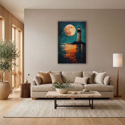 Copper Moon Tower Moody wall art in a bright coastal-style room – lighthouse with a glowing lantern on dark rocks