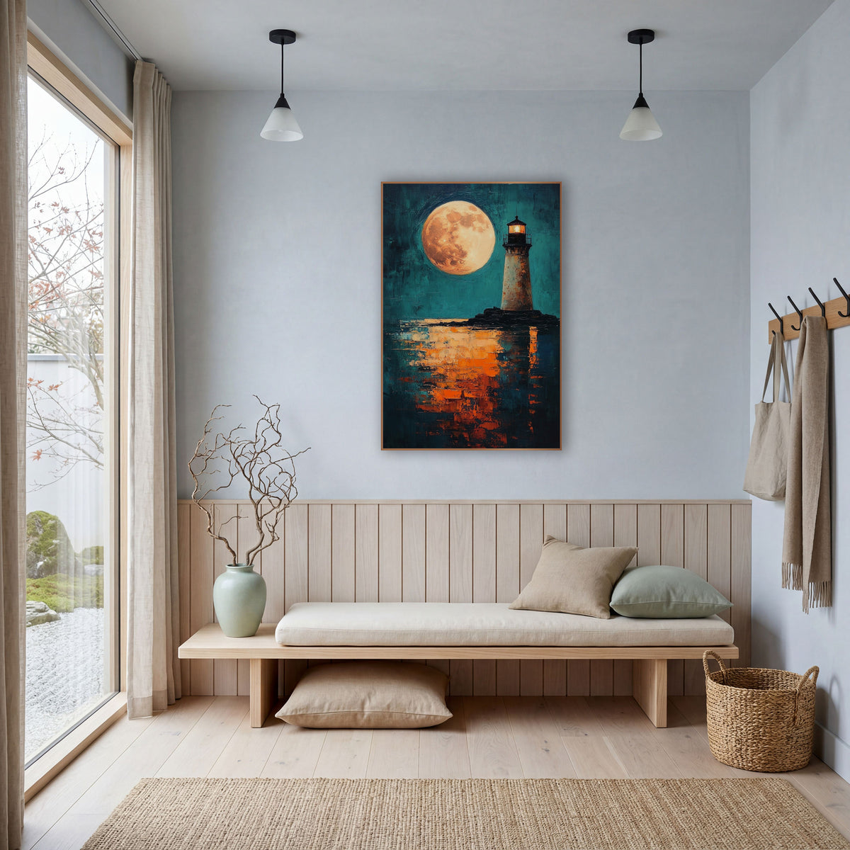 Copper Moon Tower Moody wall art in a bright coastal-style room – lighthouse with a glowing lantern on dark rocks