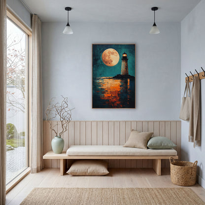 Copper Moon Tower Moody wall art in a bright coastal-style room – lighthouse with a glowing lantern on dark rocks