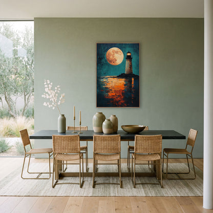 Copper Moon Tower Moody wall art in a bright coastal-style room – lighthouse with a glowing lantern on dark rocks