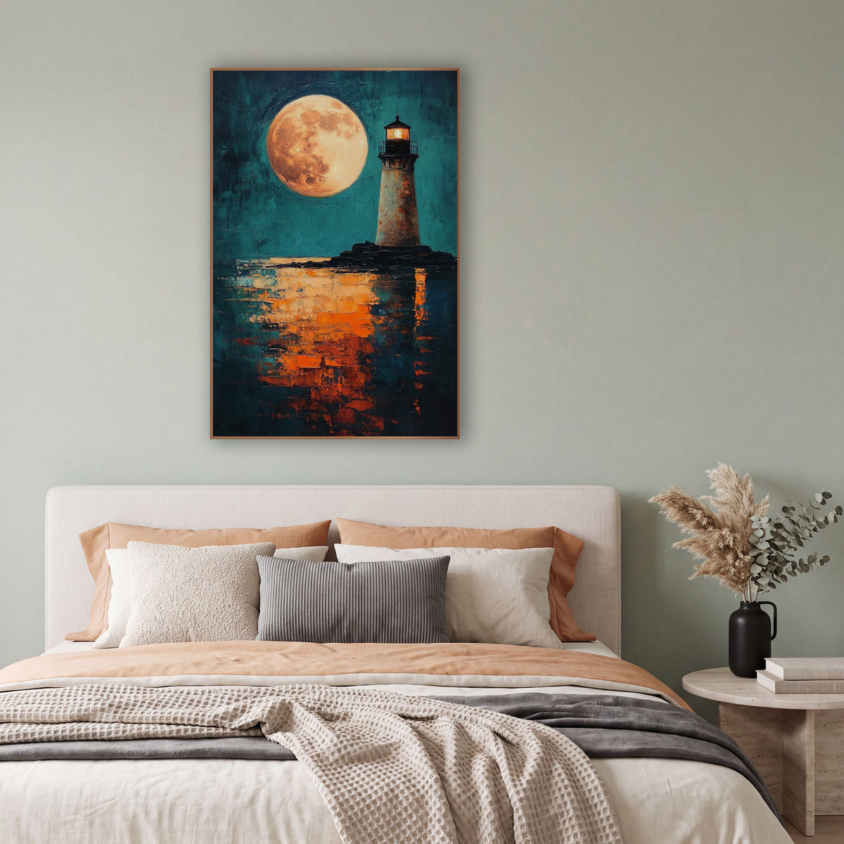 Copper Moon Tower Moody wall art in a bright coastal-style room – lighthouse with a glowing lantern on dark rocks