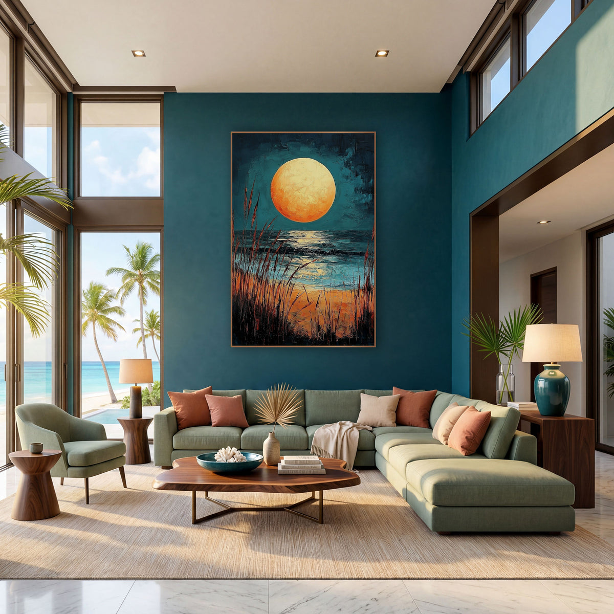 Amber Moon Beach Seascape Coastal wall art in a bright coastal-style room – large amber full moon over dark teal sea