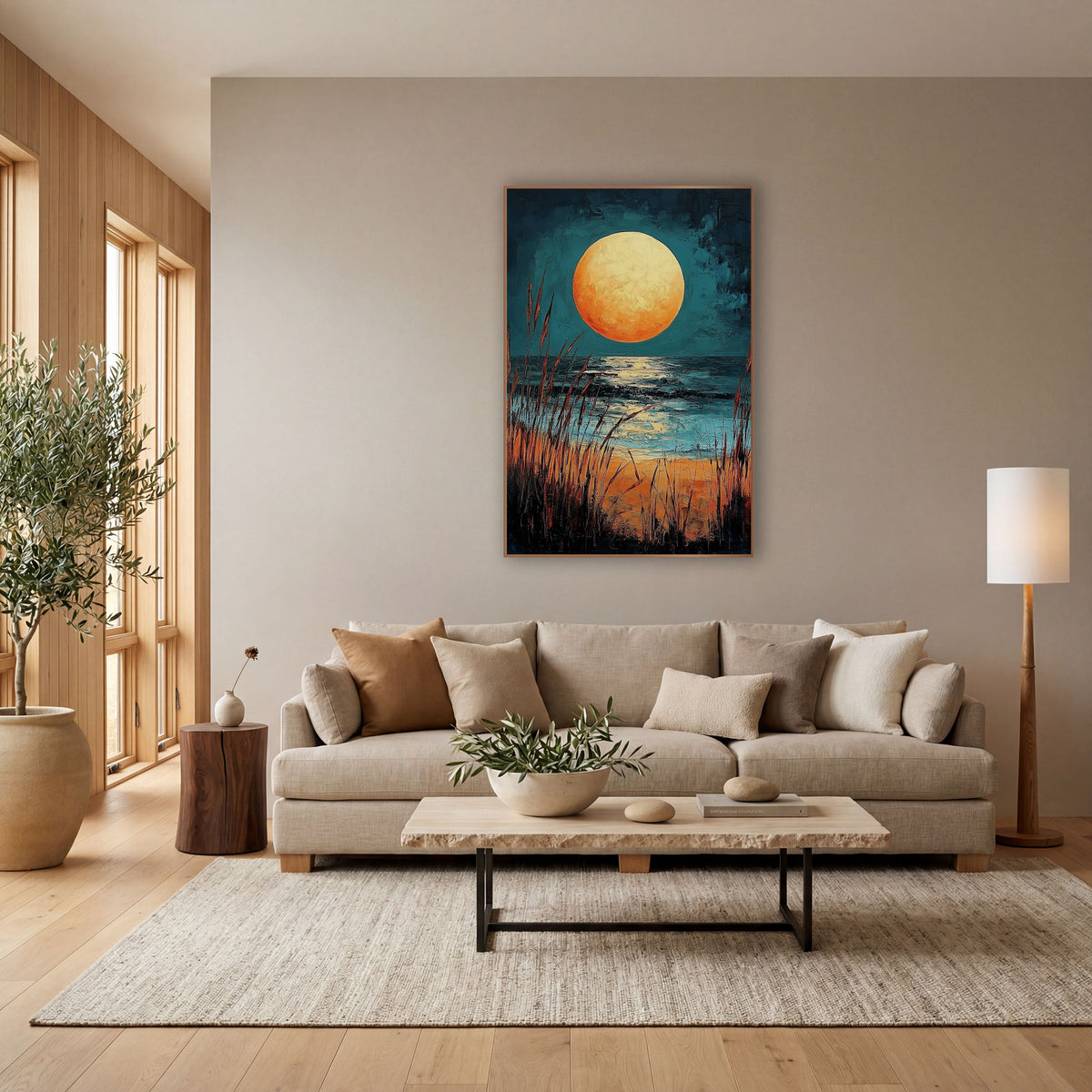 Amber Moon Beach Seascape Coastal wall art in a bright coastal-style room – large amber full moon over dark teal sea