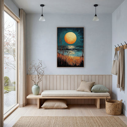 Amber Moon Beach Seascape Coastal wall art in a bright coastal-style room – large amber full moon over dark teal sea