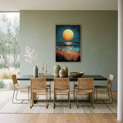 Amber Moon Beach Seascape Coastal wall art in a bright coastal-style room – large amber full moon over dark teal sea