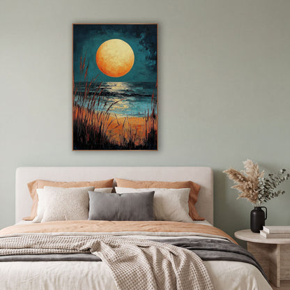Amber Moon Beach Seascape Coastal wall art in a bright coastal-style room – large amber full moon over dark teal sea