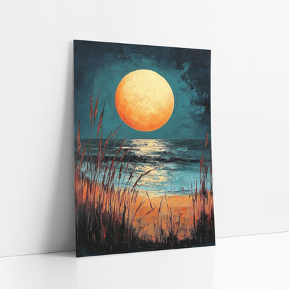 Amber Moon Beach Seascape Coastal art print leaning against a white wall – large amber full moon over dark teal sea
