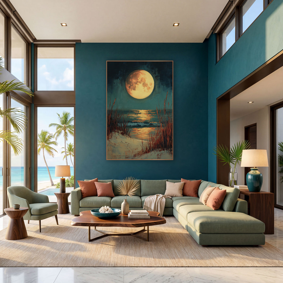 Full Moon Dune Grass Coastal wall art in a bright coastal-style room – large golden full moon over a teal night sea