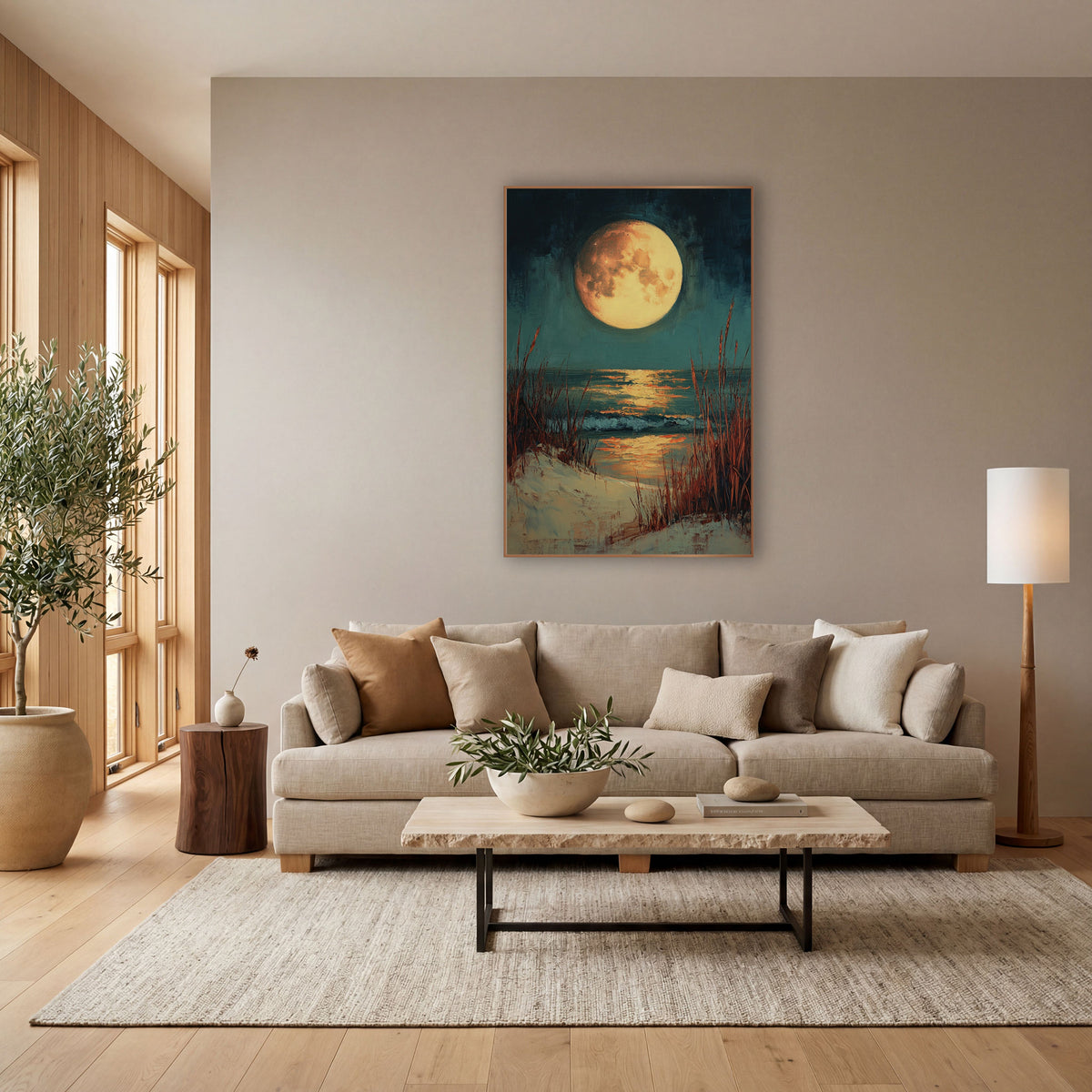 Full Moon Dune Grass Coastal wall art in a bright coastal-style room – large golden full moon over a teal night sea