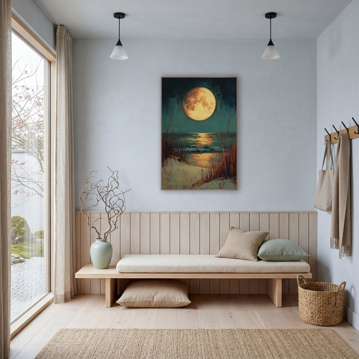 Full Moon Dune Grass Coastal wall art in a bright coastal-style room – large golden full moon over a teal night sea