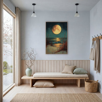 Full Moon Dune Grass Coastal wall art in a bright coastal-style room – large golden full moon over a teal night sea