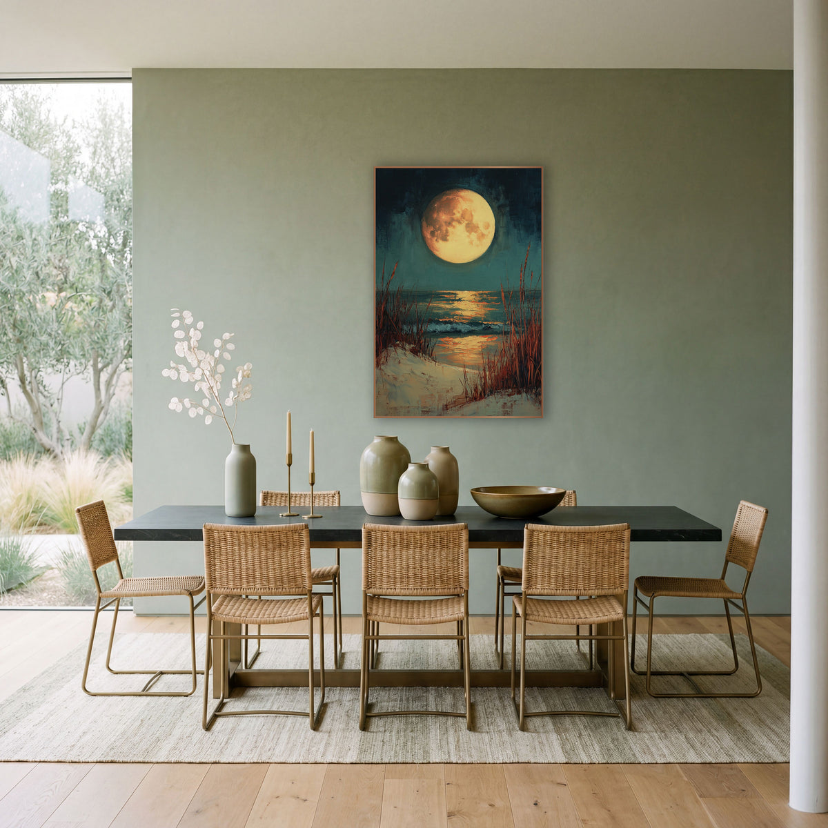 Full Moon Dune Grass Coastal wall art in a bright coastal-style room – large golden full moon over a teal night sea