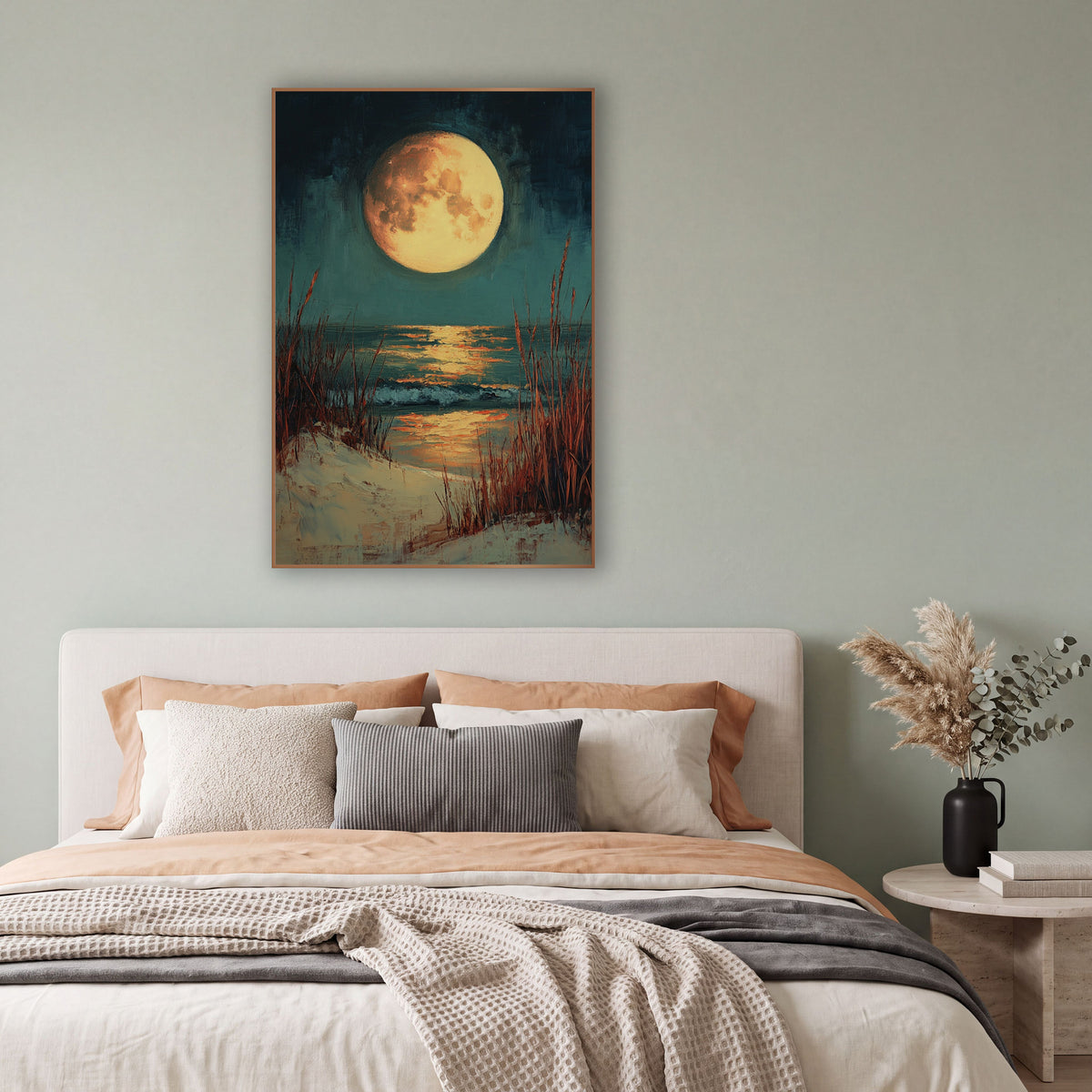 Full Moon Dune Grass Coastal wall art in a bright coastal-style room – large golden full moon over a teal night sea
