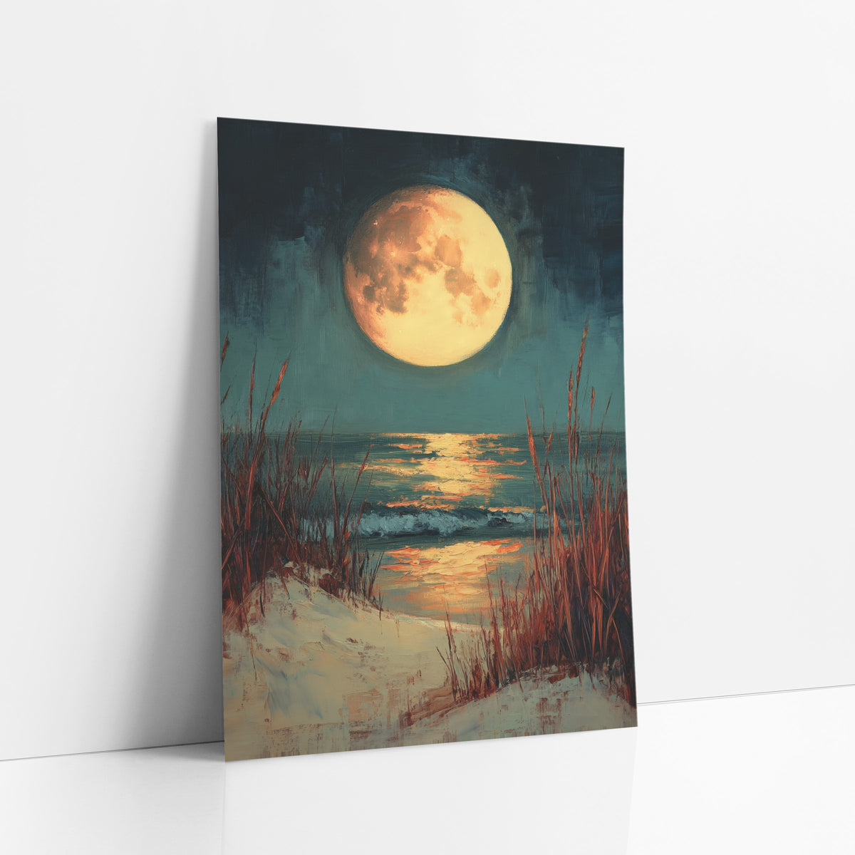 Full Moon Dune Grass Coastal art print leaning against a white wall – large golden full moon over a teal night sea with amber