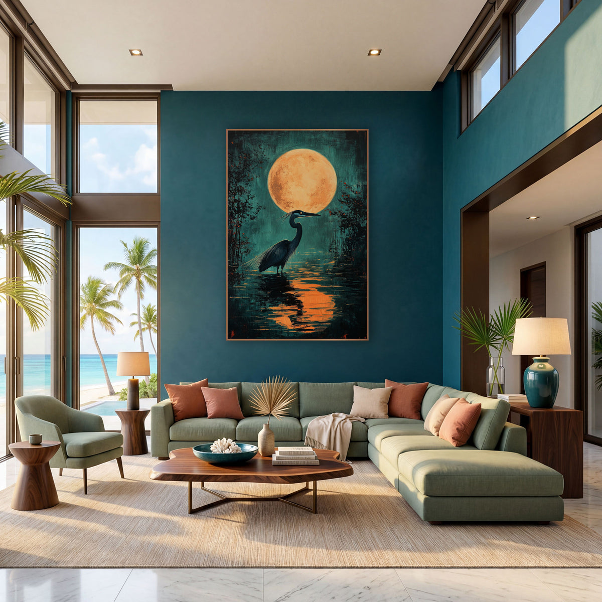Heron Under Full Moon Nocturne wall art in a bright coastal-style room – dark heron wading in teal water under a large