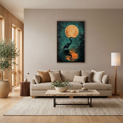 Heron Under Full Moon Nocturne wall art in a bright coastal-style room – dark heron wading in teal water under a large