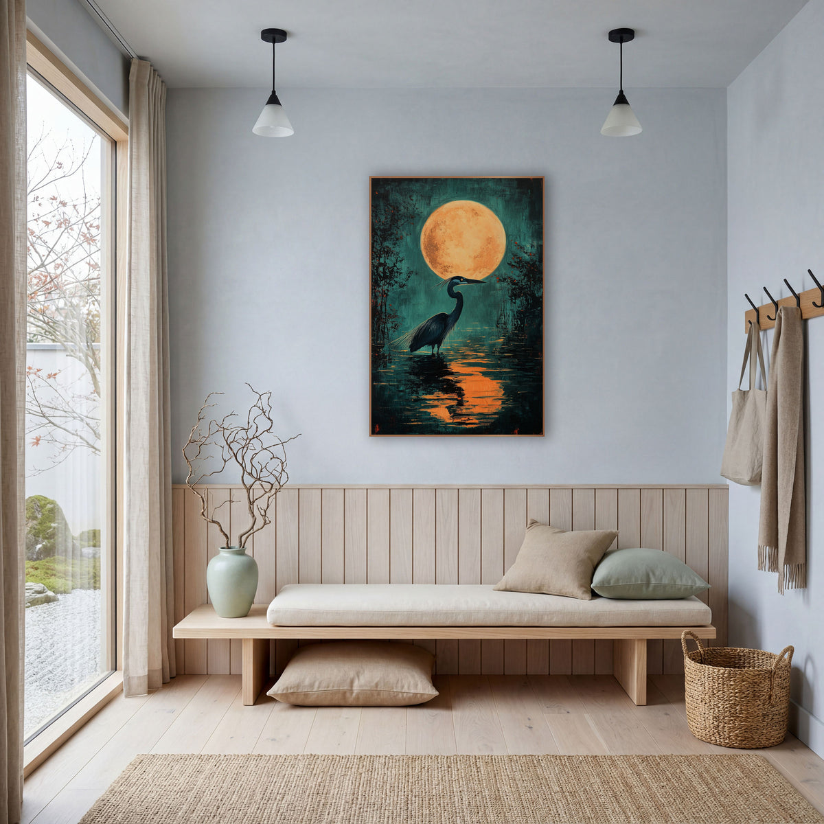Heron Under Full Moon Nocturne wall art in a bright coastal-style room – dark heron wading in teal water under a large