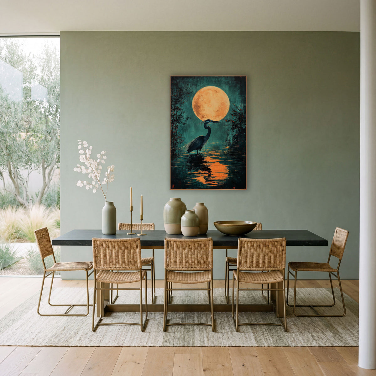Heron Under Full Moon Nocturne wall art in a bright coastal-style room – dark heron wading in teal water under a large
