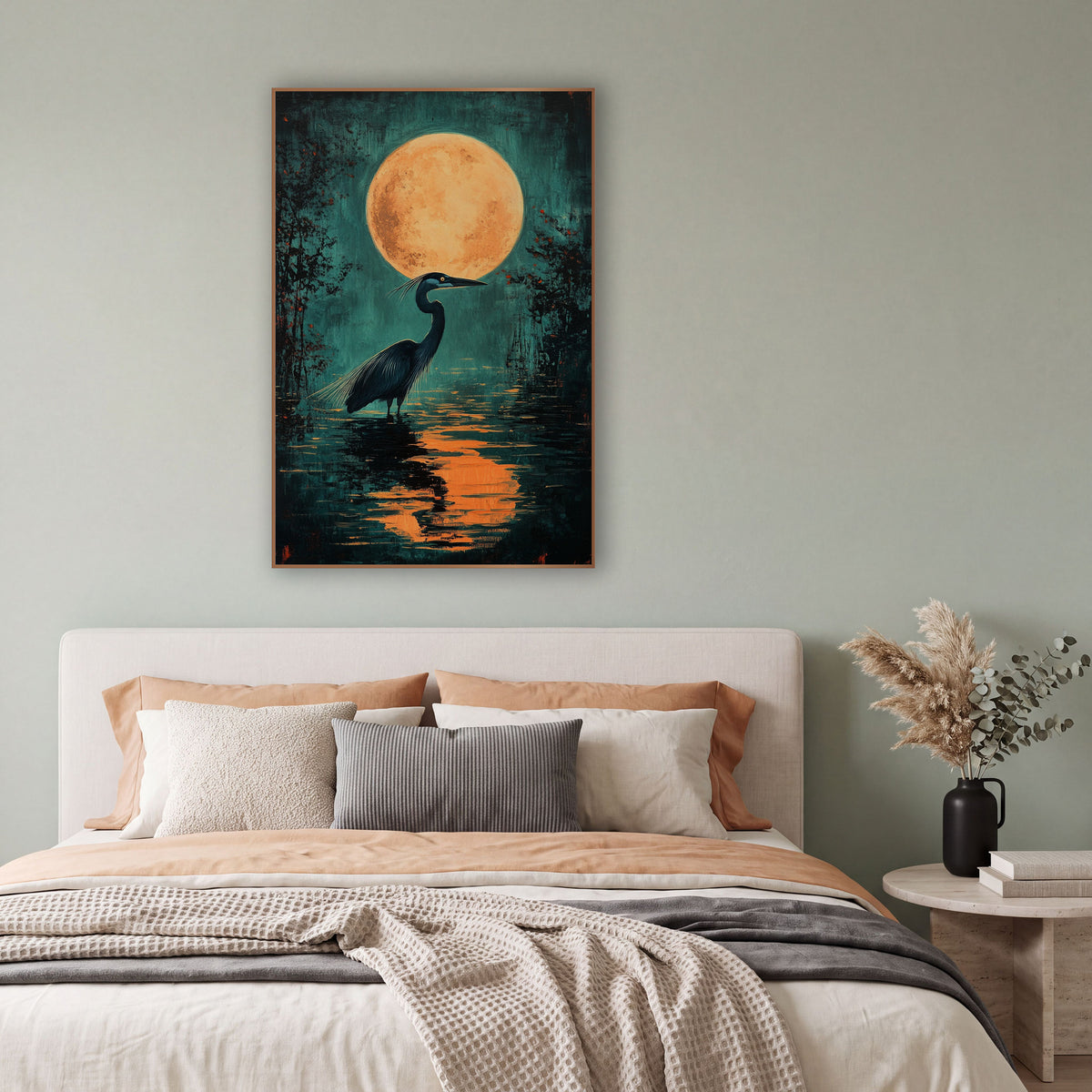 Heron Under Full Moon Nocturne wall art in a bright coastal-style room – dark heron wading in teal water under a large