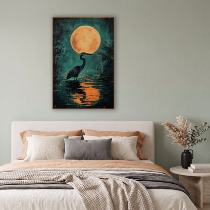 Heron Under Full Moon Nocturne wall art in a bright coastal-style room – dark heron wading in teal water under a large