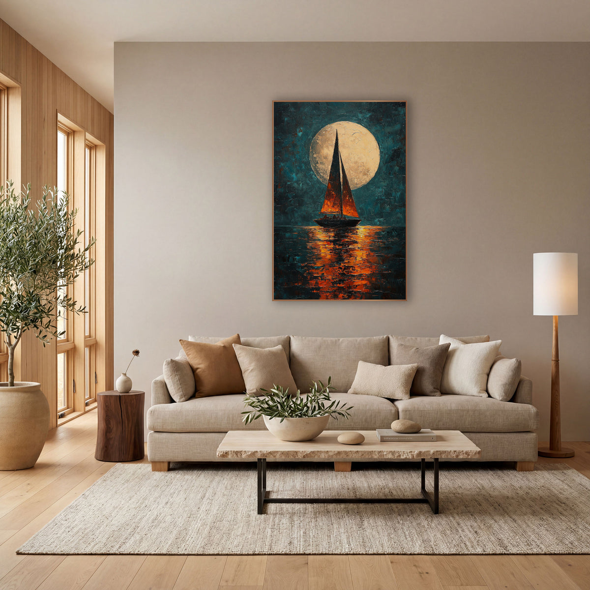 Moonlit Sailboat Teal Orange Coastal wall art in a bright coastal-style room – sailboat with orange sails beneath
