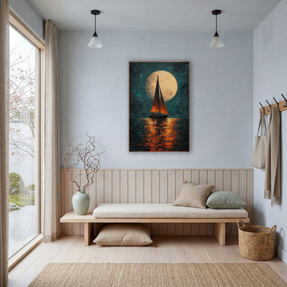 Moonlit Sailboat Teal Orange Coastal wall art in a bright coastal-style room – sailboat with orange sails beneath