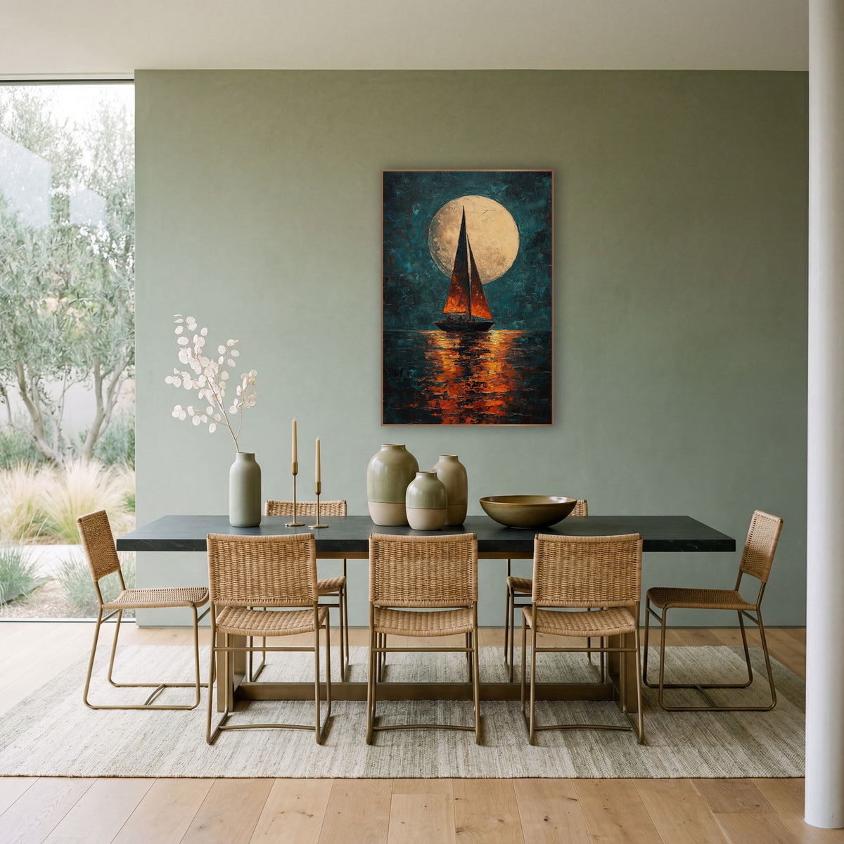 Moonlit Sailboat Teal Orange Coastal wall art in a bright coastal-style room – sailboat with orange sails beneath