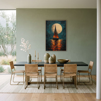 Moonlit Sailboat Teal Orange Coastal wall art in a bright coastal-style room – sailboat with orange sails beneath