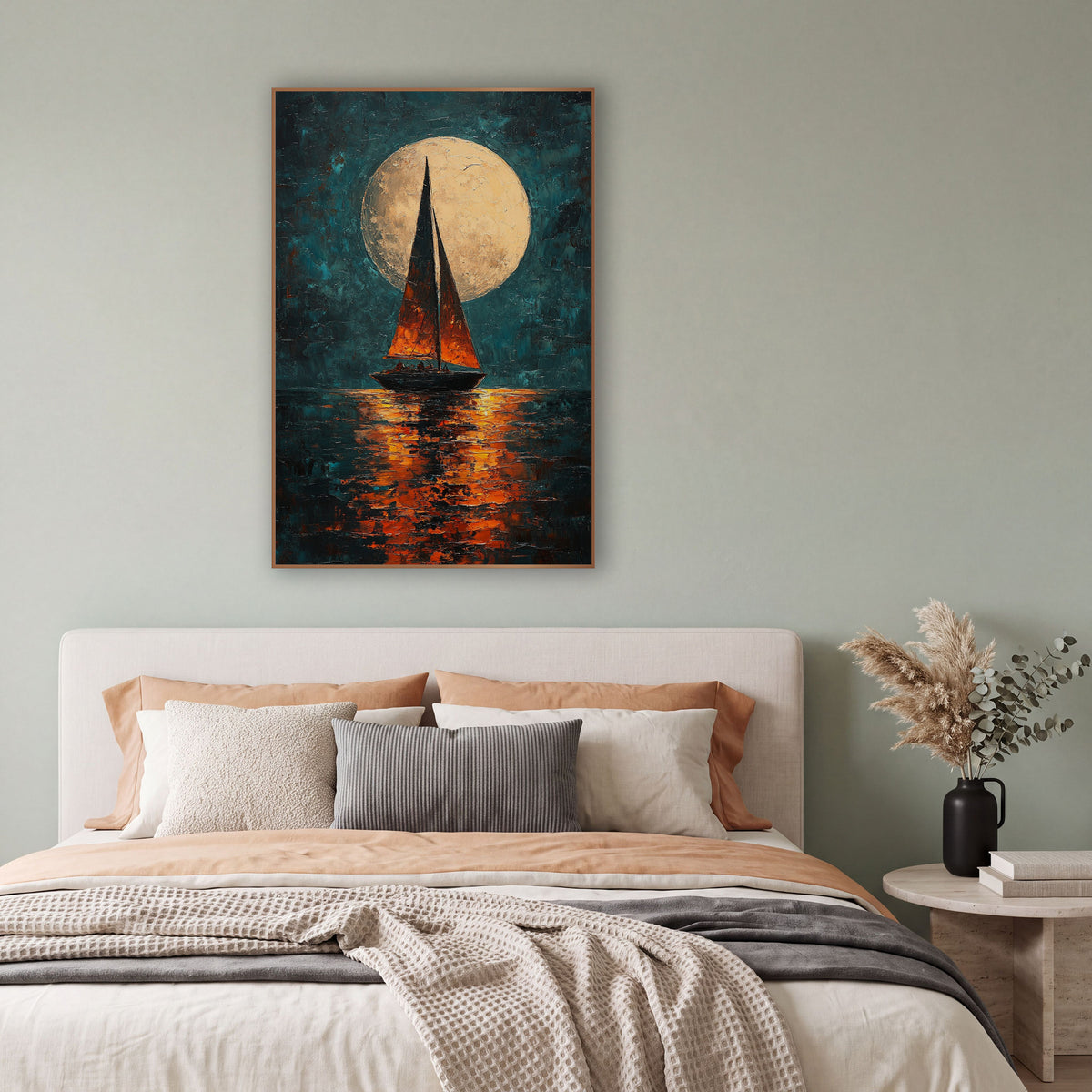 Moonlit Sailboat Teal Orange Coastal wall art in a bright coastal-style room – sailboat with orange sails beneath