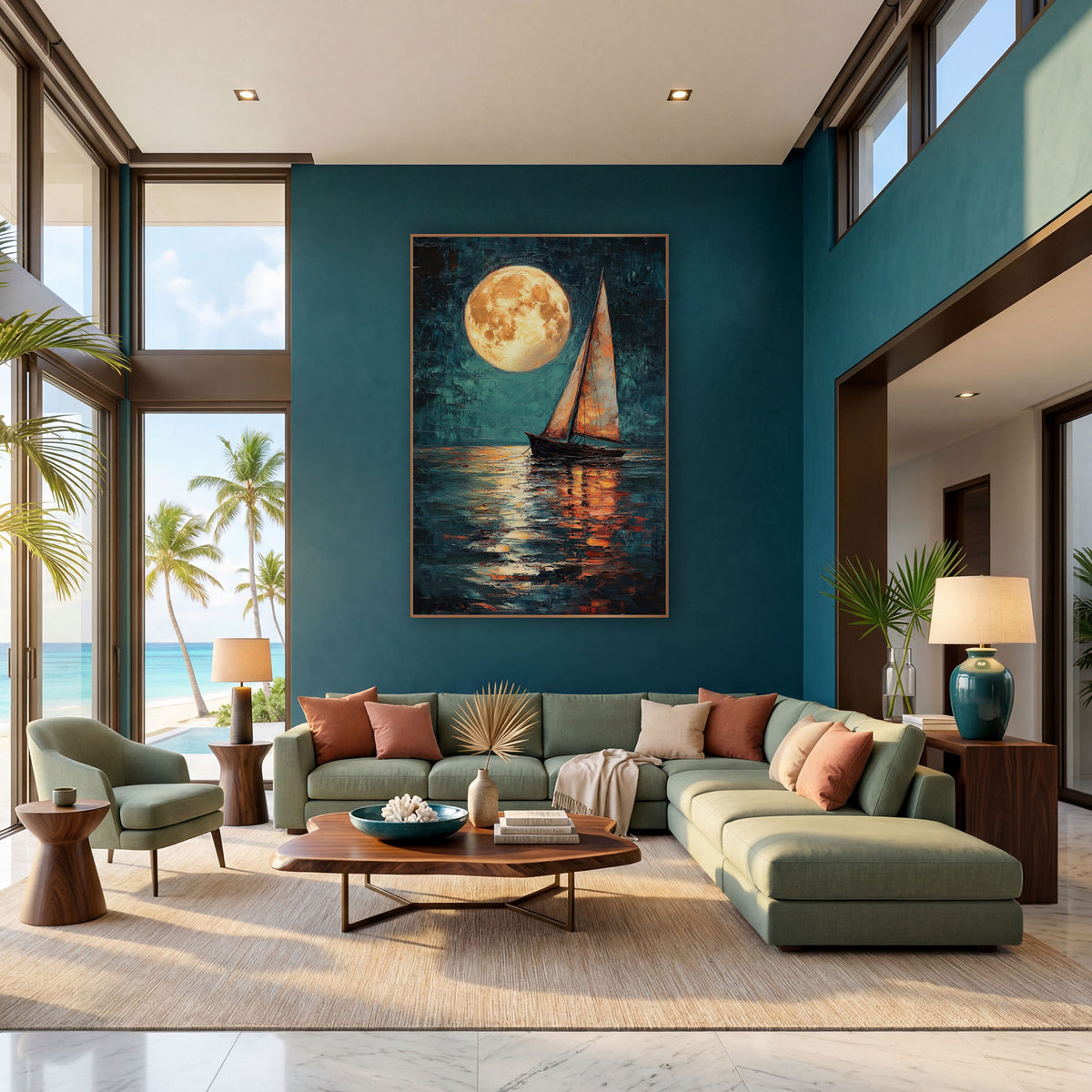 Golden Moon Sailboat Coastal wall art in a bright coastal-style room – large golden full moon above a small sailboat