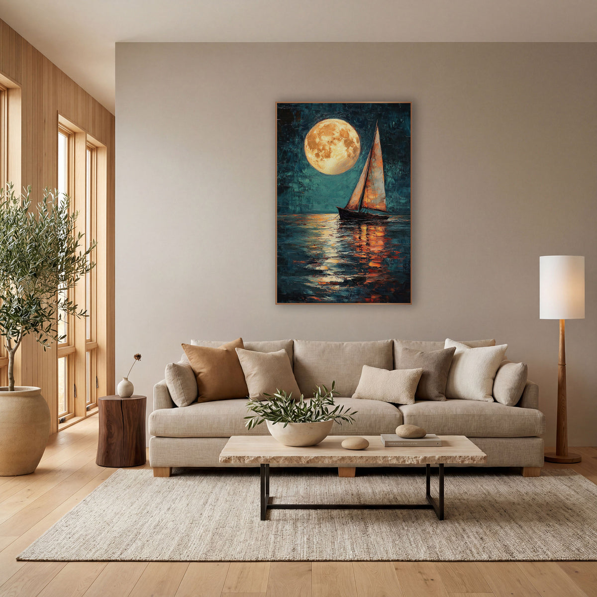 Golden Moon Sailboat Coastal wall art in a bright coastal-style room – large golden full moon above a small sailboat