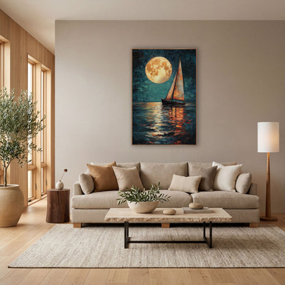 Golden Moon Sailboat Coastal wall art in a bright coastal-style room – large golden full moon above a small sailboat