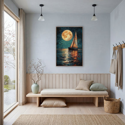 Golden Moon Sailboat Coastal wall art in a bright coastal-style room – large golden full moon above a small sailboat