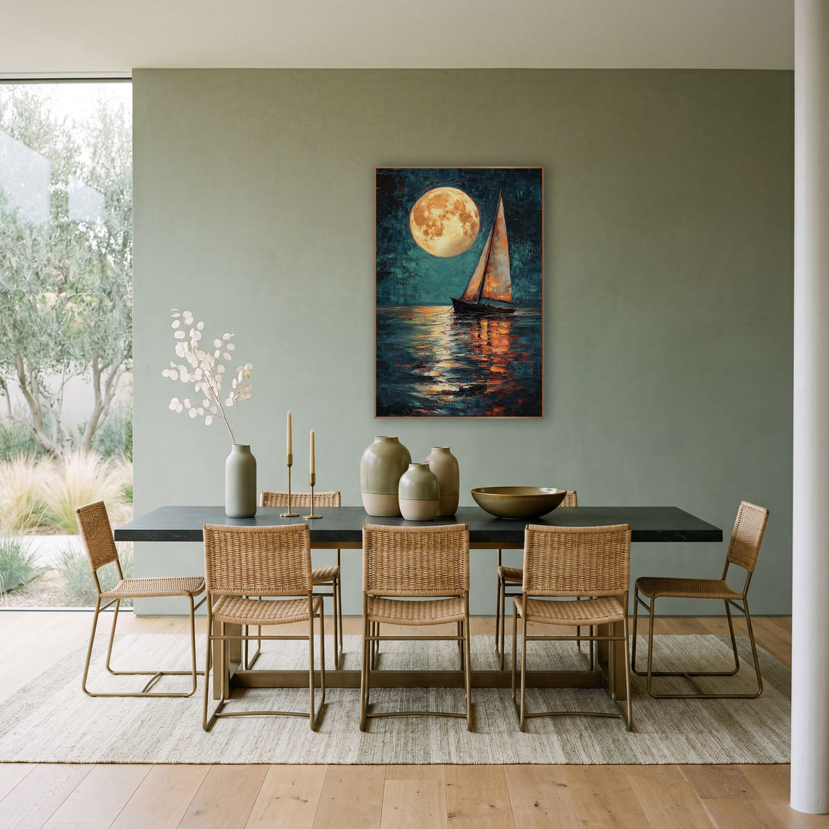Golden Moon Sailboat Coastal wall art in a bright coastal-style room – large golden full moon above a small sailboat