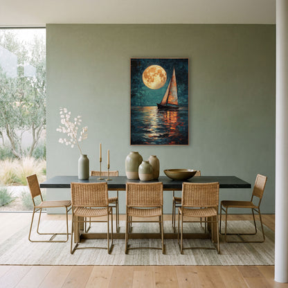 Golden Moon Sailboat Coastal wall art in a bright coastal-style room – large golden full moon above a small sailboat