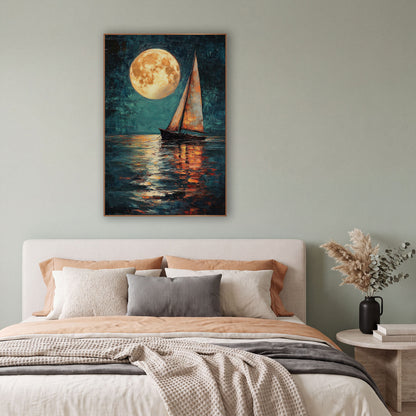 Golden Moon Sailboat Coastal wall art in a bright coastal-style room – large golden full moon above a small sailboat