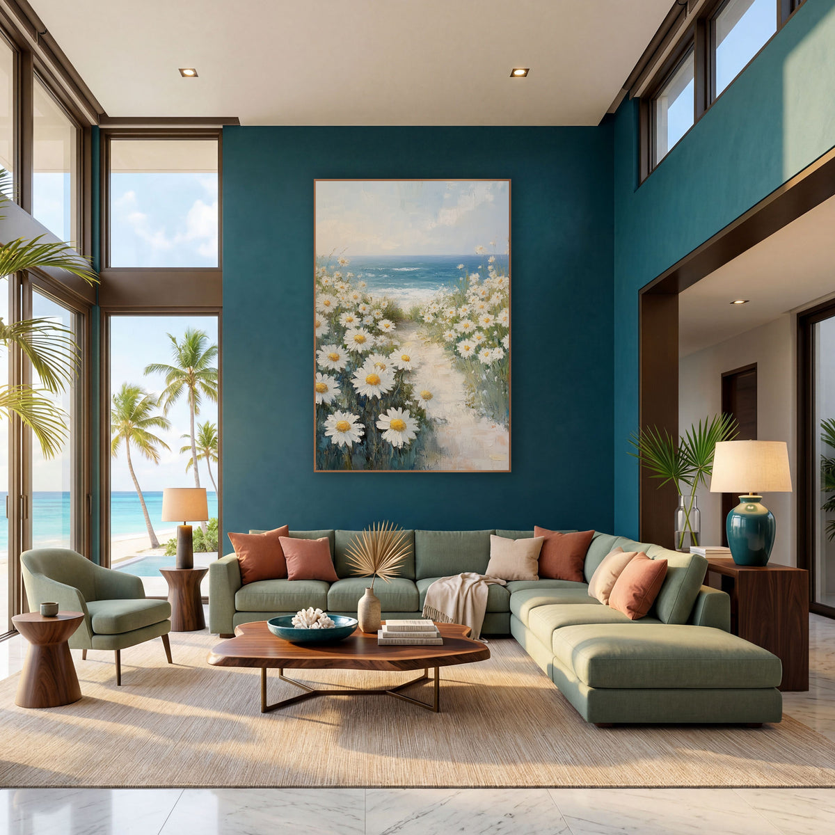 White Daisy Seaside Path Coastal wall art in a bright coastal-style room – white daisies with yellow centers line