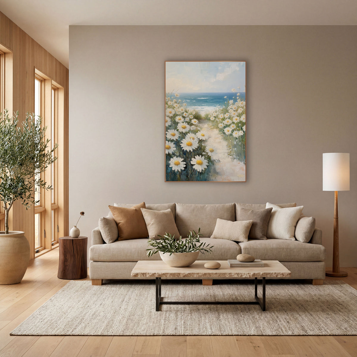 White Daisy Seaside Path Coastal wall art in a bright coastal-style room – white daisies with yellow centers line